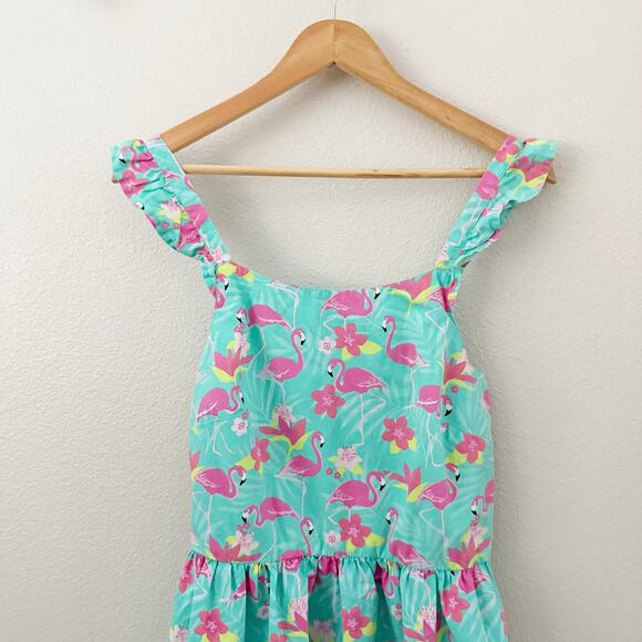 GYMBOREE | Adult Women's Pink Flamingo Turquoise Flutter Sleeve Dress | Medium - Picture 4 of 10